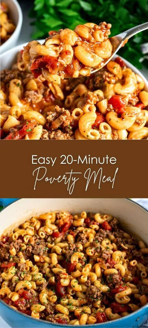 Easy 20-Minute Poverty Meal With Only 10 Ingredients Quick Easy Nutritious Meals, Poverty Meals Budget, Poverty Meal Recipe, Poverty Food, Broke Meals, Poverty Meals, Poverty Meal, 20 Minute Meals, Beef Pasta Recipes