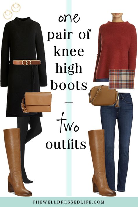 Weekend Outfit Inspiration: Cognac Knee High Boots - The Well Dressed Life Black And Cognac Outfit, Tan Calf Boots Outfit, Outfits With Cognac Boots, Tall Boots Outfit 2022, Tall Boots With Dress, Brown Knee High Boots Outfit Winter, Long Brown Boots Outfits, Camel Boots Outfit, Cognac Boots Outfit