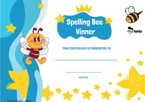 Spelling Bee Winner Certificate PDF | Free Printable Template | Sadeky Spelling Bee Decorations Free Printable, Spelling Bee Certificates Free Printable, Spelling Bee Ideas, Spelling Bee Certificate, Spelling Bee Competition, Spell Bee Competition, Bee Certificate, Winner Certificate, Play School Activities