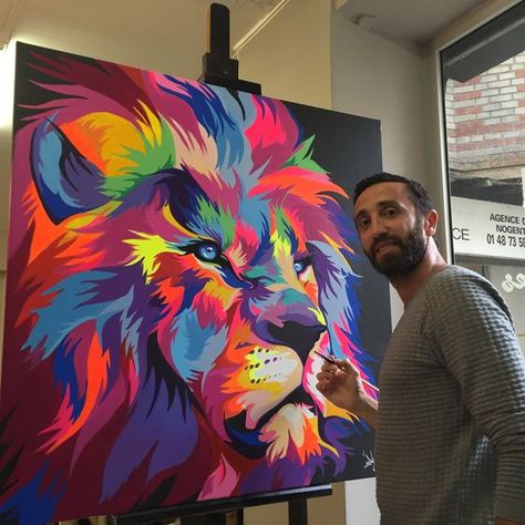 Colorful Animal Paintings Abstract, Superhero Canvas Painting, Colorful Lion Painting, Love Canvas Painting, Colorful Animal Paintings, Painting On Canvas For Beginners, Fall Canvas Painting, 3 Canvas Art, Black Canvas Paintings