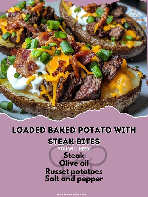 🥔 "Loaded Baked Potato with Steak Bites—crispy potatoes topped with juicy steak and all your favorite toppings! Try it now! 🥩🟠 #LoadedPotatoes #SteakLovers" Loaded Baked Potato with Steak Bites Ingredients: Russet potatoes (4, large) Steak (1 lb, cubed) Olive oil (2 tbsp) Salt and pepper (to taste) Cheddar cheese (1 cup, shredded) Sour cream (1/2 cup) Bacon bits (1/4 cup) Green onions (2 tbsp, chopped) Instructions: Bake potatoes at 400°F (200°C) for 45-60 minutes until tender. Heat olive... Steak With Baked Potato, Steak Stuffed Baked Potatoes, Steak And Baked Potato, Cubed Steak, Baked Steak, Stuffed Baked Potatoes, Sliced Steak, Loaded Potato, Steak Bites