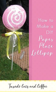 I originally made these paper plate lollipops for my Candyland party, but you could use these cute lollipop decorations for just about any occasion!  All you need is a few paper plates, paint, and ribbon to make this paper plate lollipop. Paper Plate Lollipops, Lollipops Diy, Lollipop Craft, Cute Lollipop, Christmas Candyland, Lollipop Decorations, Candy Decorations Diy, Giant Lollipops, Candy Themed Party