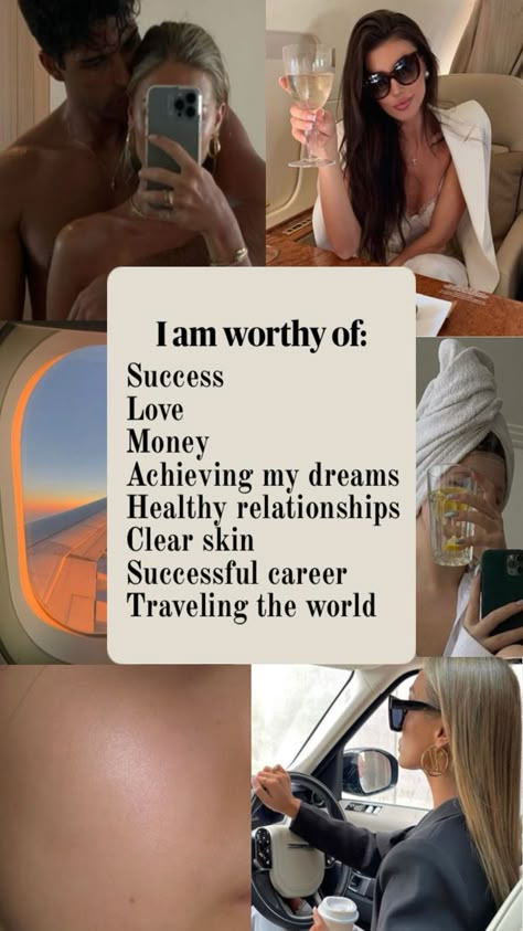 Clear skin, couple, traveling, successful woman Affirmation Wallpaper Iphone Aesthetic, Affirmation Collage, Affirmation Wallpaper Iphone, Iphone Manifestation, Collage Lockscreen, Vision Wallpaper, Wallpaper Manifestation, Glow Up Aesthetic, Vision Board Themes