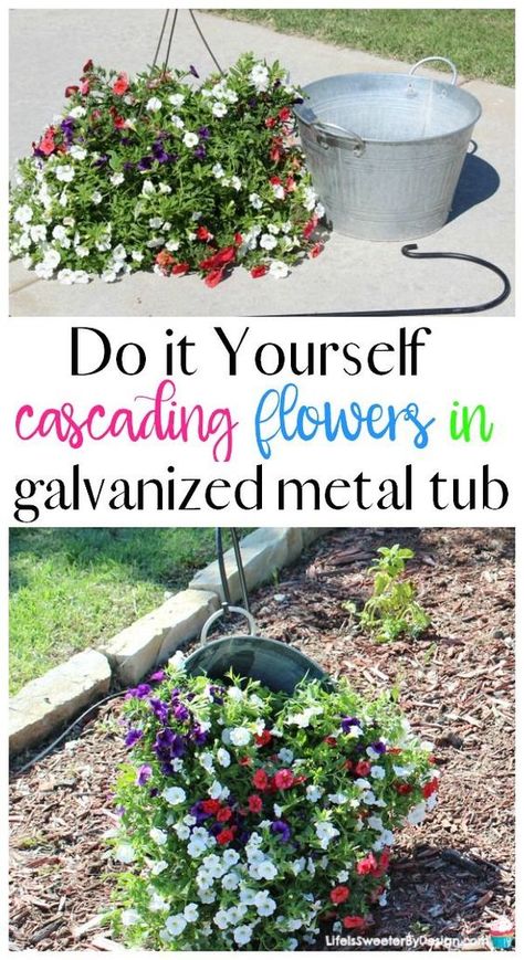 DIY Hanging Cascading Flowers in a Galvanized Metal Tub is a great addition to your garden. This is an easy garden project and a great way to bring a vintage metal bucket into your garden in style. Galvanized Tub Garden Ideas, Shepherds Hook In Planter, Hanging Bucket Planter, Galvanized Flower Planters, Diy Hanging Flowers, Metal Bucket Ideas, Cascading Garden, Easy Garden Ideas Landscaping, Country Yard