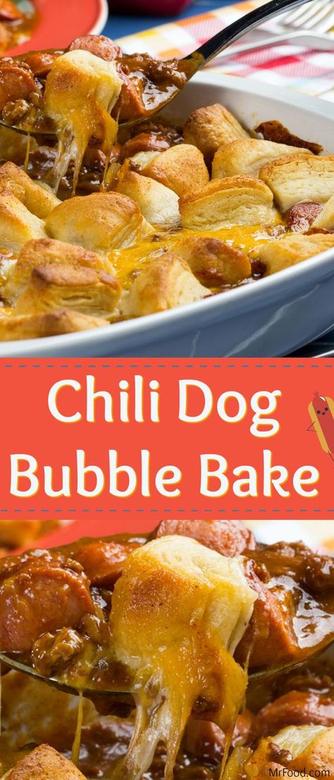 Recipes For A Crowd Dinner, Meat Recipes For A Crowd, Bubble Bake, Chili Dog Bake, Hot Dog Casserole, Chili Dog Chili Recipe, Chili Dog Casserole, Casserole Meals, Chili Cheese Dog Casserole