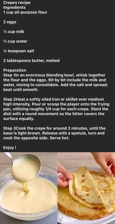 Sweet Crepes Recipe, Easy Crepe Recipe, Crepe Batter, Sweet Crepes, Homemade Cookbook, Cake Baking Recipes, Quick Recipes Snacks, Easy Baking Recipes Desserts, Sweet Snacks Recipes