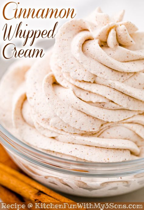 Cinnamon Whipped Cream is a flavored homemade whipped topping that can go on all kinds of Fall and Thanksgiving desserts. This easy whipped cream recipe is a combination of heavy cream, powdered sugar, vanilla, and of course cinnamon! Whipped Cream Cheese Recipes, Homemade Whipped Topping, Easy Whipped Cream Recipe, Pumpkin Whipped Cream, Philly Cheesecake, Cinnamon Whipped Cream, Pumpkin Rice Krispie Treats, Cinnamon Bread Easy, Maple Whipped Cream