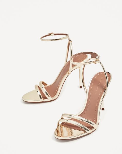 GOLDEN STRAPPY HIGH HEEL SANDALS-View all-SHOES-WOMAN | ZARA Macedonia Gala Attire, Gold Strappy Heels, Strappy High Heels Sandals, Zara Heels, Zara Gold, Tea Length Wedding, Strappy Stilettos, Tea Length Wedding Dress, Short Lace Dress