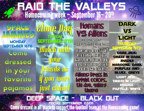 Trendy Spirit Week Ideas, Space Theme Spirit Week, Space Spirit Week, Highschool Yearbook Ideas, Dress Up Themes, Spirit Week Flyer, Highschool Yearbook, Space Vbs, Homecoming 2023