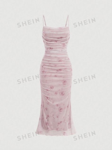 SHEIN MOD Summer Pink Floral Print Ruched Mesh Cami Long Dress | SHEIN USA Bday Outfits Summer, Long Floral Dress Outfit Summer, Long Floral Dress Outfit, Floral Dress Outfit Summer, Floral Dress Outfits, Floral Dresses Long, Full Length Dress, Pink Floral Print, Guest Dress