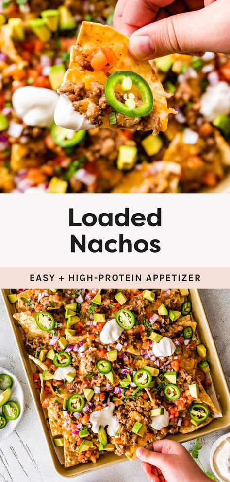 Make the best loaded nachos with this easy recipe. Tortilla chips are topped with a ground turkey refried bean mixture, cheese, tomatoes, avocado and jalapeños for the perfect appetizer or game day snack! Gluten Free Nachos, Turkey Nachos, Recipe Tortilla, Traditional Refried Beans, Refried Bean, Easy Nachos, Refried Beans Recipe, Sweet Potato Nachos, Loaded Nachos