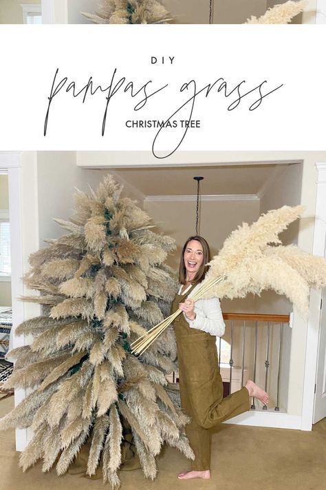 DIY Pampas Grass Christmas Tree on a Budget Pampas Tree Decor, Pampas Grass Tree Decor, White Pampas Grass Christmas Tree, Christmas Tree Ideas Pampas, Christmas Tree With Pampas Topper, Christmas Pampas Tree, Boho Tree Toppers Christmas, How To Make A Pampas Christmas Tree, Pampass Grass Christmas Tree