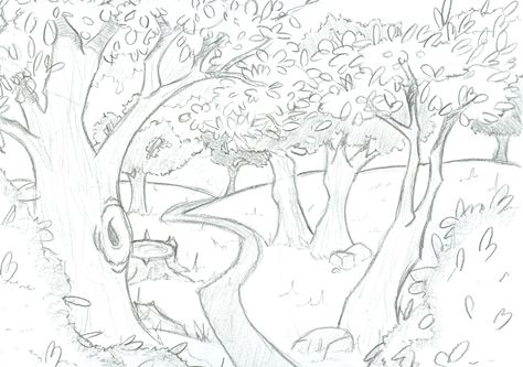 Woodland back fill ideas Magical Forest Drawing Pencil, How To Draw A Forest, Forest Drawing Easy, Wall Drawing Ideas, Forest Cartoon, Forest Drawing, Female Cartoon Characters, Sketches Of People, Princess Drawings