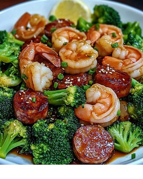 Shrimp Sausage Broccoli, Sausage And Broccoli, Honey Garlic Shrimp, Creamy Garlic Mushrooms, Shrimp Sausage, Honey Garlic Sauce, Broccoli Stir Fry, Sausage Soup, Garlic Mushrooms