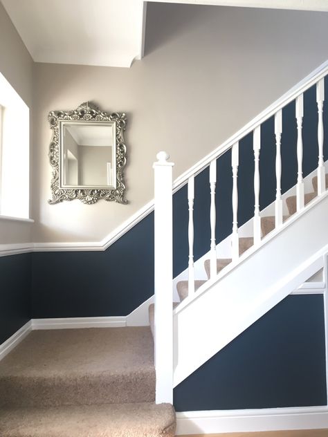 Living Room Ideas With Dado Rail, Painted Staircase Wall, Navy And White Hallway, Navy And Grey Hallway Ideas, Dark Blue And White Hallway, Living Room With Dado Rail Decorating Ideas, Modern Dado Rail Ideas Hallway, Navy Panelling Hallway, Two Tone Staircase Wall