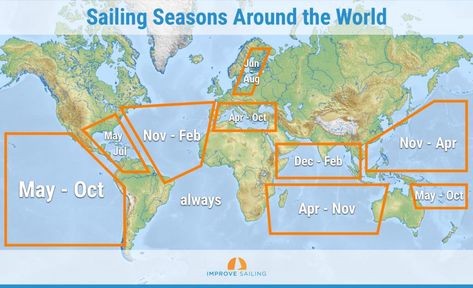 The Sailing Seasons Around the World (with Map) - Improve Sailing Sail Around The World, Circumnavigation Sailing, Sailing Terms, Sailing Basics, Sailing Around The World, Liveaboard Sailboat, Boat Navigation, Sailing Lessons, Sailboat Interior