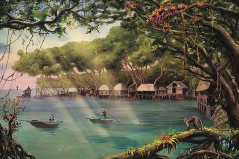 Fantasy Izuku, Mangrove Illustration, Mangrove Art, Bamboo Village, Water Village, Forest Village, Lakeside Village, Fallout Concept Art, Fantasy Village