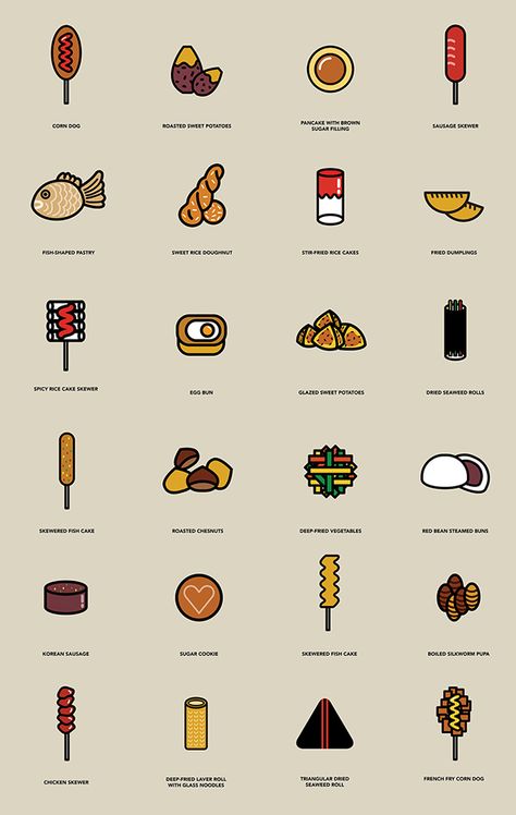 These Korean street food graphics are so cute. The triangle kimbap!! Korean Food Names, Triangle Kimbap, Street Food Design, South Korean Food, Food Graphics, Korean Dessert, Korean Food Recipes, Food Doodles, Asian Street Food