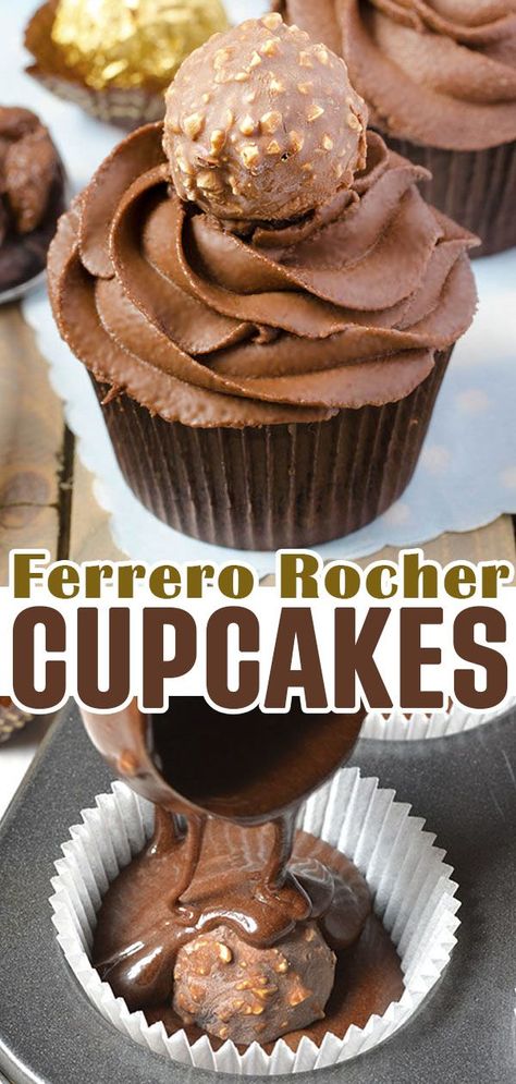 This rich chocolate cupcake recipe is easy to make, can be made in under an hour, and must be tried if you call yourself a chocolate lover. Ferror Rocher Cupcakes, Forero Rocher Cupcakes, Ferrero Rocher Cupcakes Recipe, Ferraro Rocher Desserts, Ferrero Rocher Recipe, Ferrero Rocher Dessert Ideas, Ferrera Roche Ideas, Ferraro Rocher Cupcakes, Stuffed Cupcakes Ideas