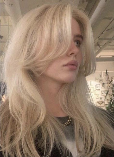 Platinum Hair Inspiration, Arctic Blonde Hair, Light Blonde Hairstyles, Blonde Hair No Layers, Blonde 70s Hair, Light Blonde Hair Aesthetic, Blonde Hair Pale Skin Blue Eyes, White Layered Hair, Blonde Fluffy Hair