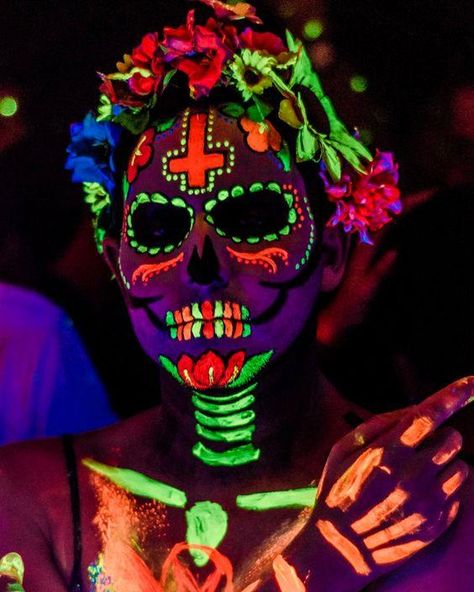 Top 10 Catrina Makeup Looks for Women To Try This Halloween Uv Skeleton Makeup, Neon Sugar Skull Makeup, Catrinas Neon Makeup, Neon Skeleton Makeup, Neon Halloween Makeup, Neon Skull Makeup, Mexican Skull Makeup, Calavera Makeup, Skull Face Makeup