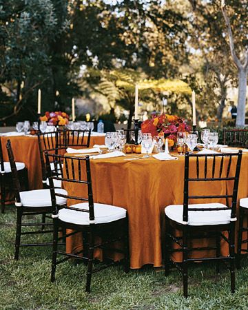 Fall Wedding Reception Decorations, Fall Wedding Tables, Autumn Wedding Reception, Orange Table, Wedding Table Linens, Fall Table Settings, Outdoor Wedding Decorations, Orange Wedding, Table Cloths