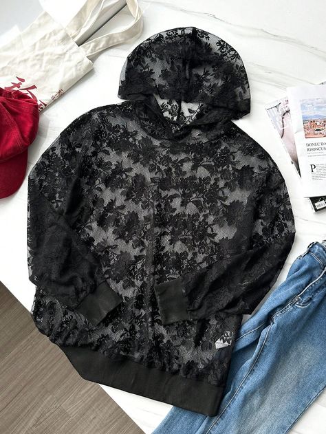 Floral Lace Drop Shoulder Hoodie Black Casual  Long Sleeve Lace Plain Pullovers Non-Stretch  Women Clothing, size features are:Bust: ,Length: ,Sleeve Length: Drop Shoulder Hoodie, Black Casual, Long Sleeve Lace, Black Hoodie, Floral Lace, Drop Shoulder, Women Clothing, Sweat Shirt, Sweatshirts Women