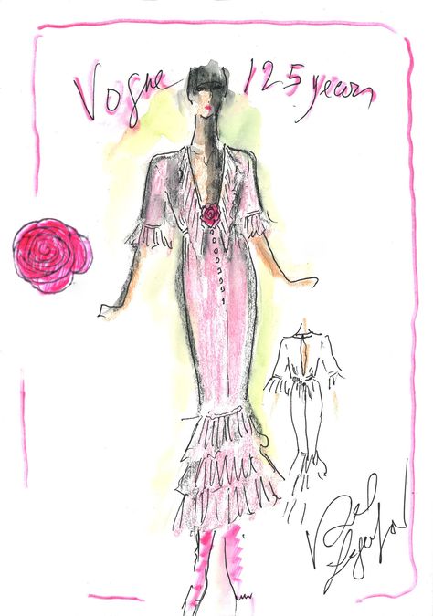 With Vogue, Karl Lagerfeld has translated la vie en rose into an exclusive line of dresses. Karl Lagerfeld Sketches, Karl Lagerfeld Photography, Karl Lagerfeld Fashion, Fashion Illustration Watercolor, Watercolor Fashion, Fashion Design Portfolio, Fashion Sketchbook, Fashion Sketch, Blog Ideas