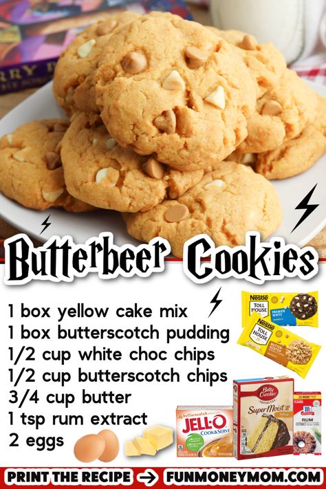 Harry Potter Themed Baked Goods, Butterbeer Cookies Harry Potter, Butterbeer Cookies Recipe, Easy Harry Potter Desserts, Harry Potter Cookie Recipes, Harry Potter Christmas Desserts, Harry Potter Recipes From The Book, Harry Potter Butterbeer Cookies, Harry Potter Recipes Food