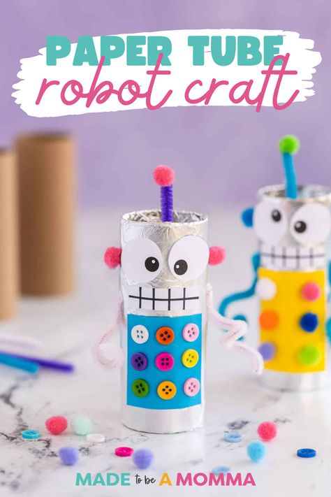 Ninja Toilet Paper Roll Craft, Preschool Toilet Paper Roll Activities, Tin Foil Robot Craft, Toilet Paper Roll Windsock, Robots Arts And Crafts, Stem With Toilet Paper Rolls, Robot Toilet Paper Roll Craft, Craft Robot Ideas, Easy Robot Craft Preschool