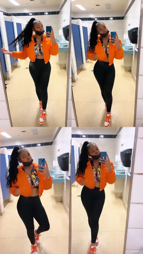 Outfit Ideas With Orange Dunks, Orange Dunk Outfit Women, Orange Low Dunks Outfit, Outfits For Orange Dunks, Orange And Black Dunks Outfit, Outfit With Orange Dunks, Electro Orange Jordan 1 Outfit, Orange Jordan 1 Outfit Women, Orange Top Outfit Black Women