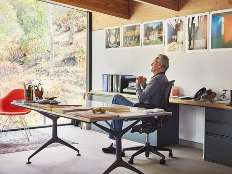 Outward Facing Desk, Office With Window Behind Desk, Workshop Interior Design, Desk In The Living Room, Architect Desk, Organized Desk, Aeron Chair, Designer Desk, Architects Desk