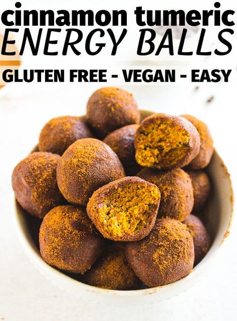 Cinnamon Turmeric Energy Balls - are packed with healthy, energizing ingredients for a nutritious snack. Perfect for packed lunches, breakfast, or afternoon snacking. #turmeric #vegan #glutenfree #energyballs #vegetarian #onebowl #easyrecipe #healthysnack #backtoschool #fall #cinnamon #dairyfree #almondflour | robustrecipes.com Turmeric Balls Recipes, Vegan Power Balls, Turmeric Balls, Turmeric Energy Balls, Vegan Energy Balls, Gluten Free Snacks Recipes, Healthy Homemade Snacks, Energy Bites Recipes, Vegan Snack Recipes