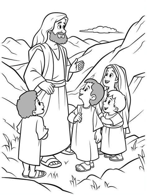 Welcome to our Jesus Preaching to Children coloring page! This beautifully illustrated printable coloring page depicts a heartwarming scene of Jesus surrounded by children, sharing his teachings with love and compassion. This coloring page offers a unique opportunity for kids to engage with the story of Jesus and his interactions with children in a fun and interactive way. As they color the detailed illustrations, kids can learn about the importance of kindness, compassion, and inclusivity - values that are central to the teachings of Jesus in Christianity. This printable coloring page is not only a creative activity, but it also serves as an educational tool to help kids understand the significance of Jesus' message of love and acceptance. Parents, Sunday school teachers, and educators ca Jesus Loves Children Craft, Jesus Loves The Little Children Craft, Bible Coloring Pages For Kids Printables, Jesus Coloring Pages For Kids, Christian Coloring Pages For Kids, Jesus Preaching, Sunday School Coloring Sheets, Christian Coloring Pages, Sunday School Worksheets