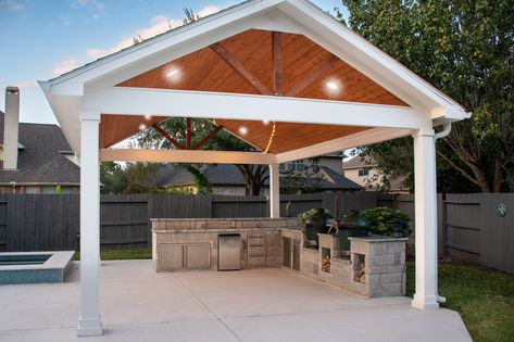 Detached Gable Style Patio Cover with Outdoor Kitchen. - HHI Patio Covers - Patio Covers Concrete Outdoor Kitchen, Covered Outdoor Kitchens, Outdoor Covered Patio, Hardie Plank, Small Pool Design, Patio Covers, Patio Cover, Stamped Concrete, Small Pool