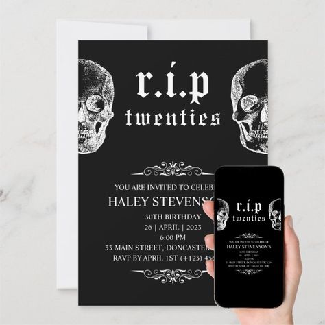 RIP 20s Twenties Funny Skull Funeral 30th Birthday Invitation | Adult Birthday Invitations | Black and White Rest in Peace 30th Invitations | Thirtieth Birthday Celebration 29th Birthday Invitation, Rip Twenties Birthday, Rip 30s, 20s Party Invitation, 30 Birthday Invitation, Emo Birthday, 20s Invitation, 30s Birthday, Rip 20s