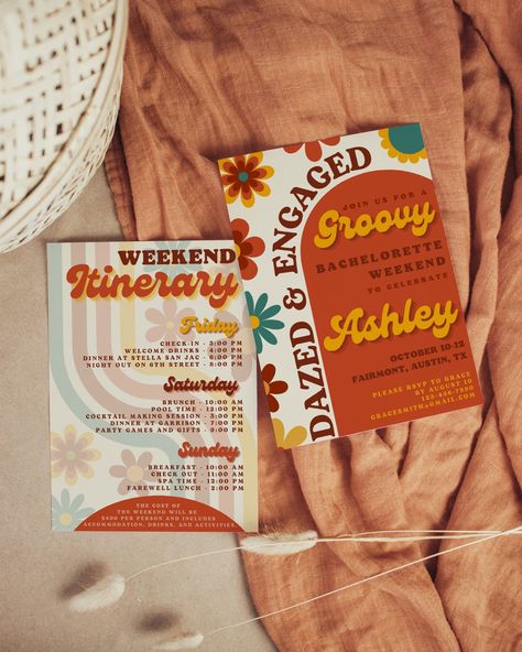 "Get ready to groove at our Dazed and Engaged Bachelorette Party with our groovy invitation and itinerary template! Whether you're planning a funky disco night, a retro poolside bash, or a psychedelic weekend, this editable and DIY-friendly template is your ticket to a far-out celebration with your favorite ladies.  🌈 Our 70s-inspired \"Dazed and Engaged\" bachelorette invitation and itinerary template offer a whole lot of benefits for the groovy party planner. With its editable digital downloa Dazed And Engaged Bachelorette Invite, Dazed Bachelorette Party, Dazed And Engaged Invitations, Dazed And Engaged Bachelorette Itinerary, Fleetwood Mac Bachelorette Party, 70s Bach Party, 70 Bachelorette Party, Bachelorette Party Themes Groovy, Retro Bachelorette Party Ideas