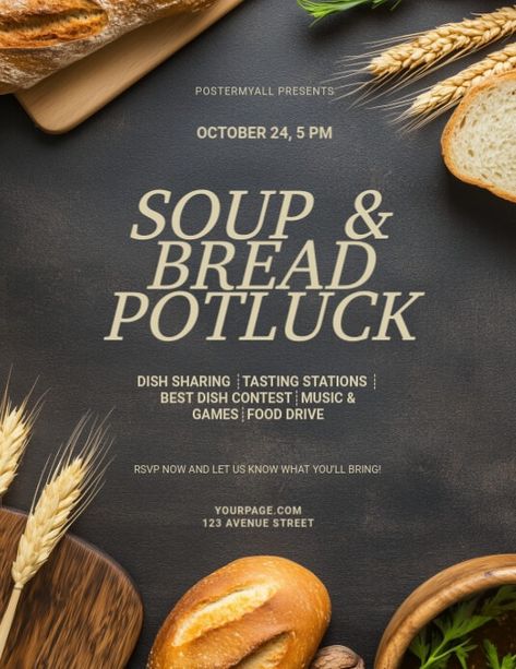 Brown Modern & Minimal Soup & Bread Potluck Flyer (us Letter) | PosterMyWall Potluck Flyer, Soup Bread, Event Poster Template, Linkedin Background Image, Linkedin Banner, Kindle Book Cover, Potluck Dishes, Etsy Banner, Campaign Posters