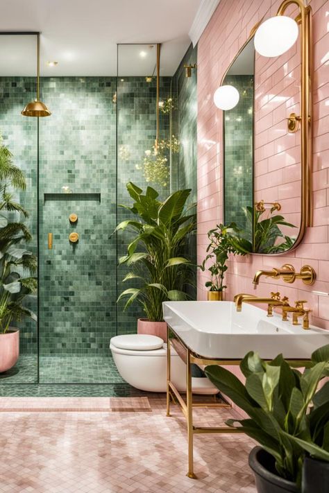 Green and pink tiled bathroom inspo #HomeDecor #InteriorDesign #HouseGoals #HomeIdeas #DecorInspiration #HomeInspiration #HomeStyle #HomeDecorating #DecorTips #InteriorInspo Pink And Green Small Bathroom, Pink And Green House Interior, Pink And Olive Green Bathroom, Pink Green Bathroom Decor, Pink Jungle Bathroom, Green And Mauve Bathroom, Pink And Green Bathroom Aesthetic, Purple And Green Bathroom Ideas, Pink Art Deco Bathroom