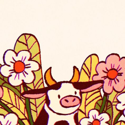 Painting Ideas Cow Easy, Simple Cow Illustration, Cute Simple Cow Drawing, Animals With Flowers Drawing, Moo Dang Drawing, Highland Cow Doodle, Herford Cow, Animals Being Funny, Cow Drawing Aesthetic