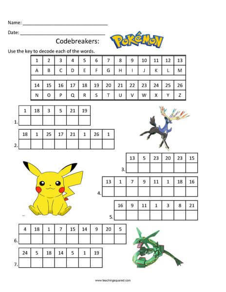 Click on the image to view the PDF.  Print the PDF to use the worksheet. Codebreakers- Pokemon Enjoy this fun puzzle with Pokemon characters. Suggested Grade Level Any Pokemon Kindergarten Activities, Pokemon Educational Activities, Pokemon Worksheets Free Printables, Pokemon Homeschool, Pokemon Printables Free, Pokemon Games For Kids, Pokemon Worksheets, Pokemon Word Search, Pokemon Crafts For Kids