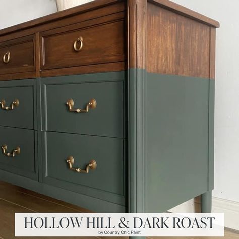 SWIPE to see the before photo! This incredible "dipped" look was created with a unique paint color! Ciera mixed "Hollow Hill" and "Dark Roast" to create this one-of-a-kind deep, earthy green. Tag a friend who needs to see this gorgeous color! 🎨 Find more color recipe ideas on our website. Project by @restorereimagined . . . . . . . . . . #ccp #countrychicpaint #ccphollowhill #furnitureflip #paintedfurniture #furniturestore #chalkpaint #furniturepaint #furnituredesign #paintcolors #furnitur... Dark Green Dressers Painted, Dark Green Chalk Paint Furniture, Dark Green Dresser, Dark Green Furniture, Unique Paint Colors, Color Recipe, Bronze Furniture, Brown Dresser, Green Dresser