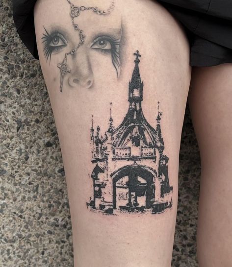 Gothic Architecture Tattoo, Chapel Tattoo, Cathedral Tattoo, Pnw Tattoo, Gothic Tattoos, Sigil Tattoo, Fantasy Tattoos, Creepy Tattoos, Gothic Tattoo