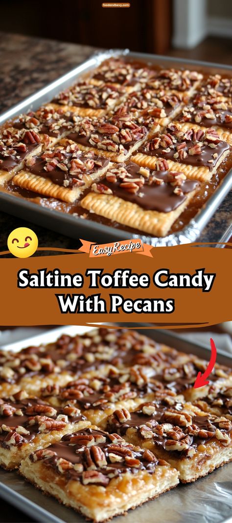 Saltine Toffee Candy With Pecans combines the unlikely crunch of saltine crackers with rich, buttery toffee and a generous topping of chopped pecans. This easy-to-make treat is the perfect blend of salty, sweet, and nutty flavors, guaranteed to satisfy your cravings. #SaltineToffee #PecanCandy #SweetAndSalty Saltine Toffee Candy, Toffee Oyster Crackers Recipe, Chopped Pecan Recipes, Cracker Candy Recipe Saltine, Saltine Toffee Crackers, Saltine Candy, Pecan Goodies, Candy With Pecans, Seasoned Saltine Crackers