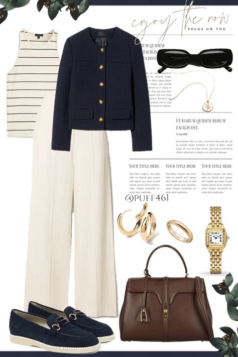 Minimal Elegant Outfit, Elegant Travel Outfits Classy, What To Wear With Navy Pants, Navy Blue Dress Pants Outfit Women, Navy Blue And Cream Outfit, How To Style Cream Pants, Navy And Cream Outfit, Navy Work Outfit, Ivory Pants Outfit