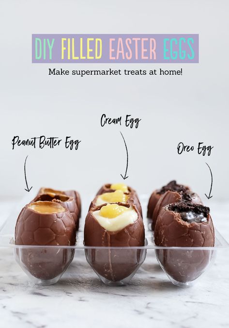 DIY Filled Easter Eggs - Love Swah Easter Candy Recipes, Filled Easter Eggs, Reese Peanut Butter Eggs, Easter Egg Filling, Cream Eggs, Cadbury Creme Egg, Peanut Butter Eggs, Supermarket Shelves, Kid Desserts