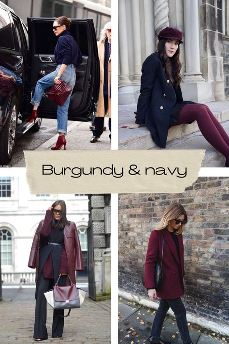 Navy And Burgundy Outfits, Fall Outfits For Deep Winter, Burgundy And Navy Outfit Ideas, Color Analysis Winter Outfits, Navy Blue And Burgundy Outfit, Teal And Burgundy Outfit, Wine Blazer Outfits For Women, Navy And Maroon Outfit, Burgandy Blazer Outfits For Women