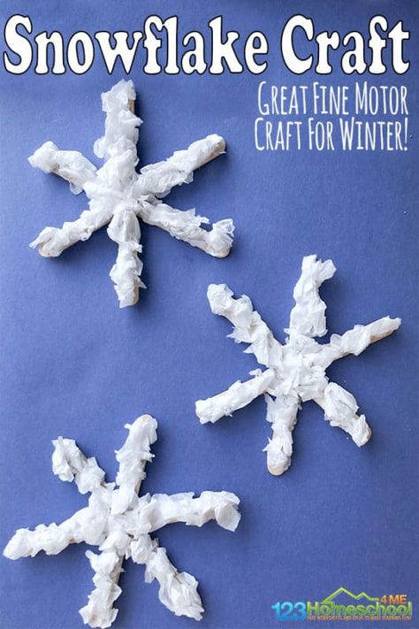 Popsicle Stick and Tissue Paper Snowflakes - this snowflake craft is such a fun way for kids to make a cute winter craft, decorate the house, and strengthen fine motor skills at the same time #wintercrafts #snowflakecrafts #snowflakes Tissue Paper Snowflakes, Snowflake Crafts, Winter Crafts Preschool, Fun Winter Crafts, Snowflakes Art, Snowflake Craft, Winter Activities For Kids, Winter Craft, Winter Preschool