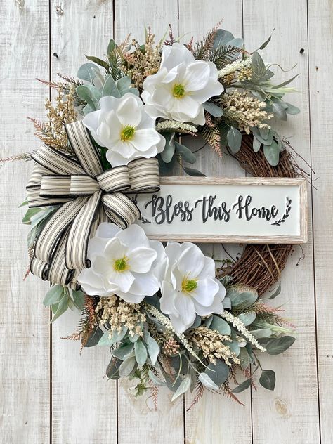 Double Front Door Wreaths, Porch Entrance, Entrance Wall, Spring Farmhouse, Front Door Porch, Door Porch, Door Wreaths Diy, Wall Wreath, Magnolia Wreath