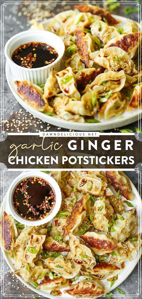 GARLIC GINGER CHICKEN POTSTICKERS, appetizer recipes, chicken recipes Chicken Potstickers Recipe, Homemade Potstickers, Chicken Potstickers, Garlic Ginger Chicken, Potstickers Recipe, Flavorful Meals, Ginger Chicken, Easy Asian Recipes, Asian Inspired Recipes